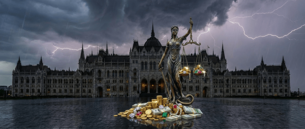 Hungarian Parliament Building under a dark, stormy sky with visible lightning bolts and rain.
