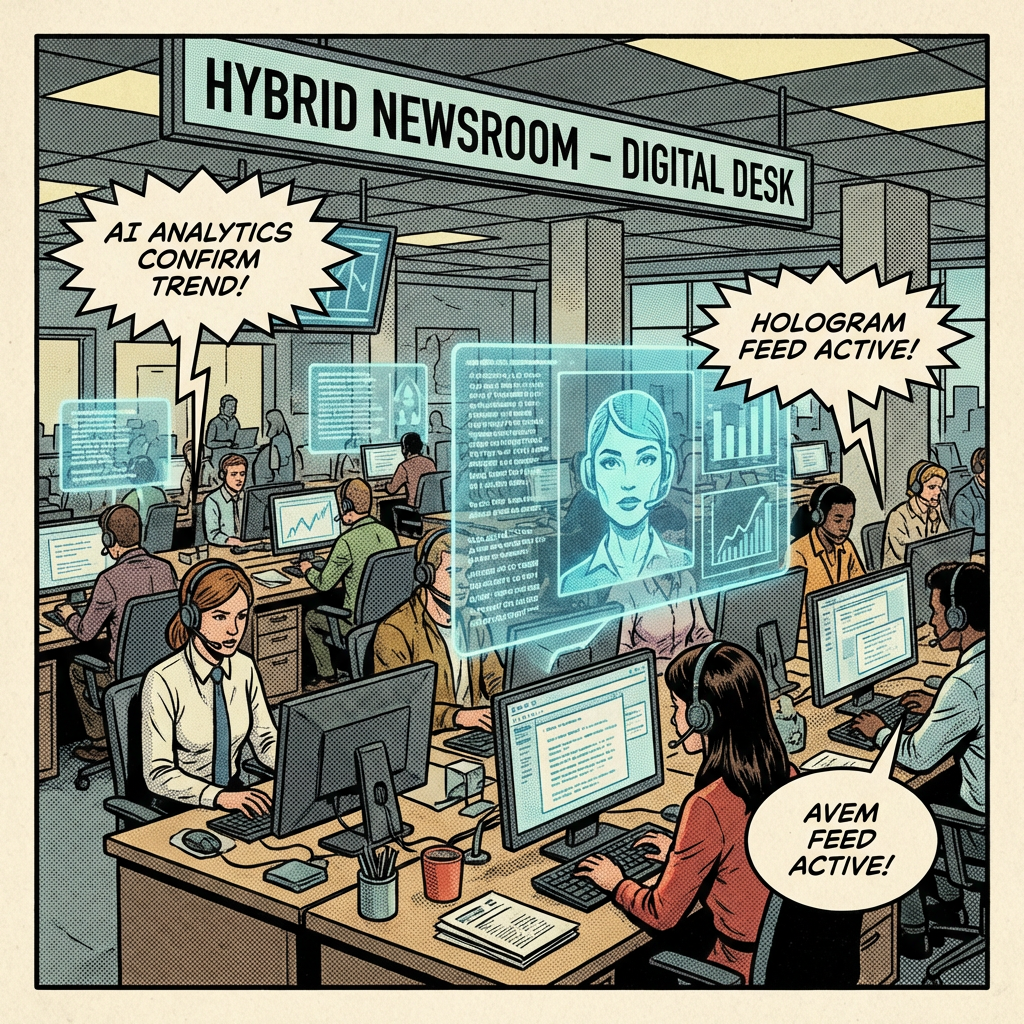 Comic newsroom with text: HYBRID NEWSROOM - DIGITAL DESK, AI ANALYTICS CONFIRM TREND!, HOLOGRAM FEED ACTIVE!, AVEM FEED ACTIVE!