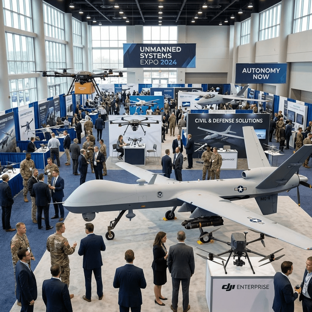 A large drone exhibition hall with military and commercial aircraft and many attendees.