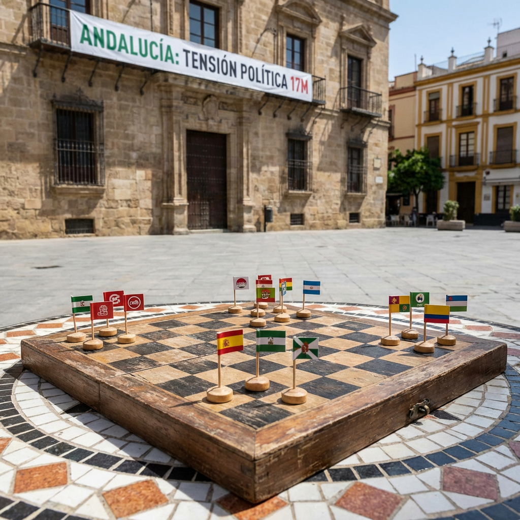 Chessboard with political flags before a banner reading ANDALUCÍA: TENSIÓN POLÍTICA 17M.