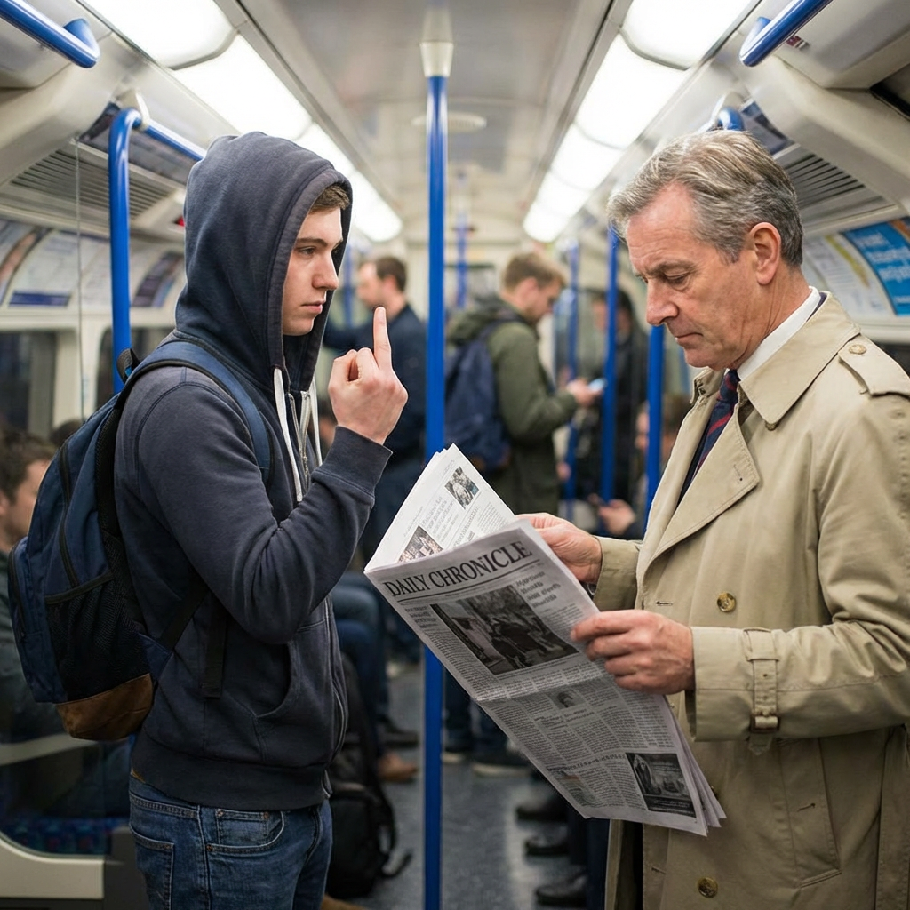 A young man gestures rudely at an older man reading a newspaper on a subway.