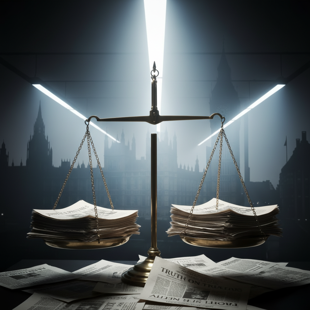 Scales of justice balancing newspapers before the silhouette of Big Ben at sunset.
