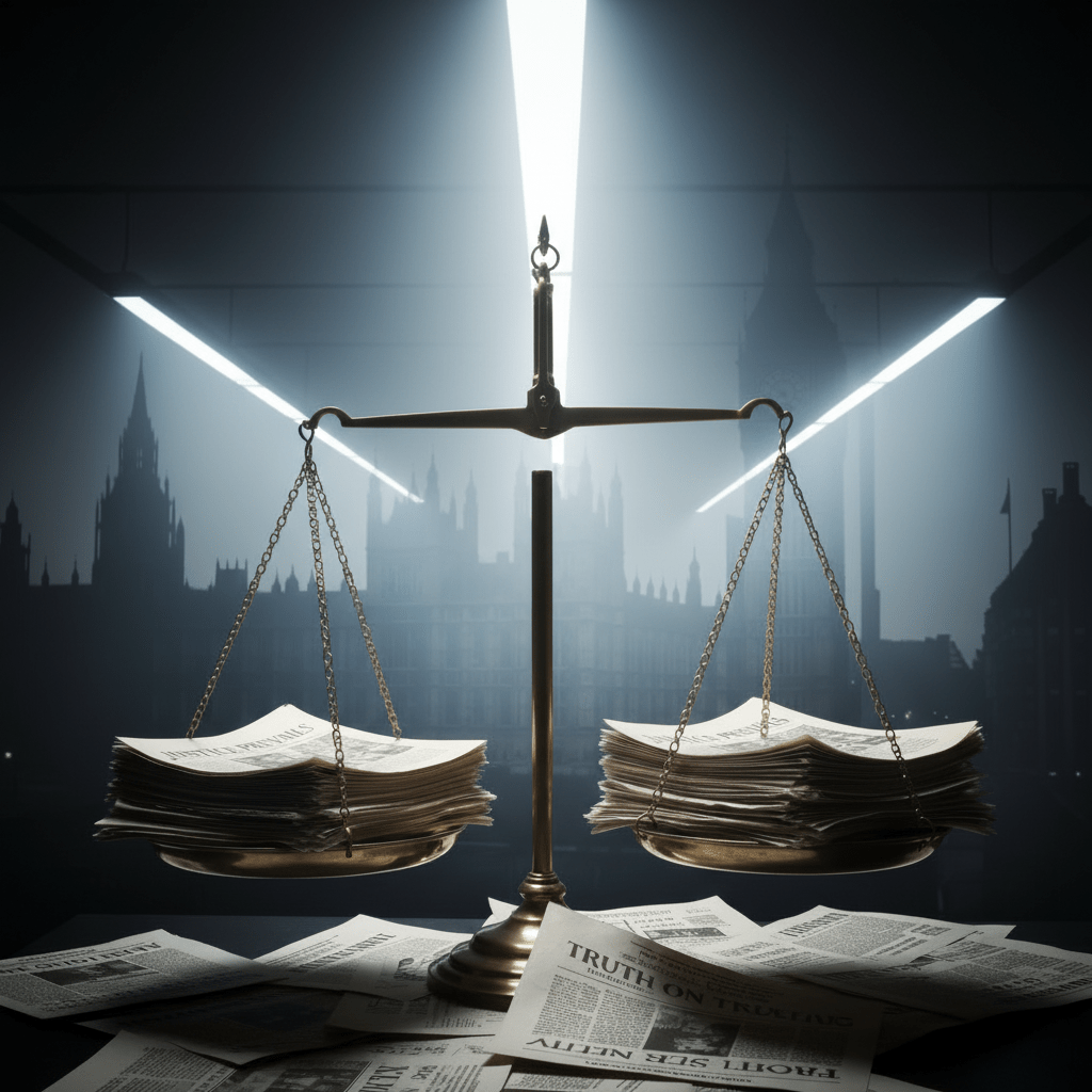 Scales of justice balancing newspapers before the silhouette of Big Ben at sunset.