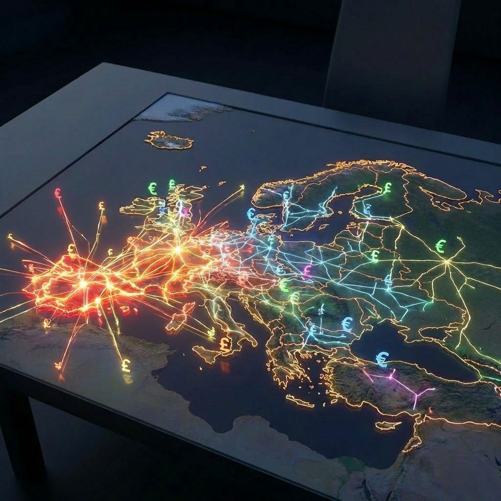 ENERGY PRICES: DUSK SNAPSHOT digital map with glowing currency symbols and grid lines across Europe.