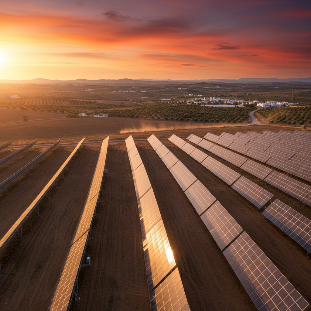 Rows of solar panels on a hillside reflecting a vibrant orange and red sunset sky.