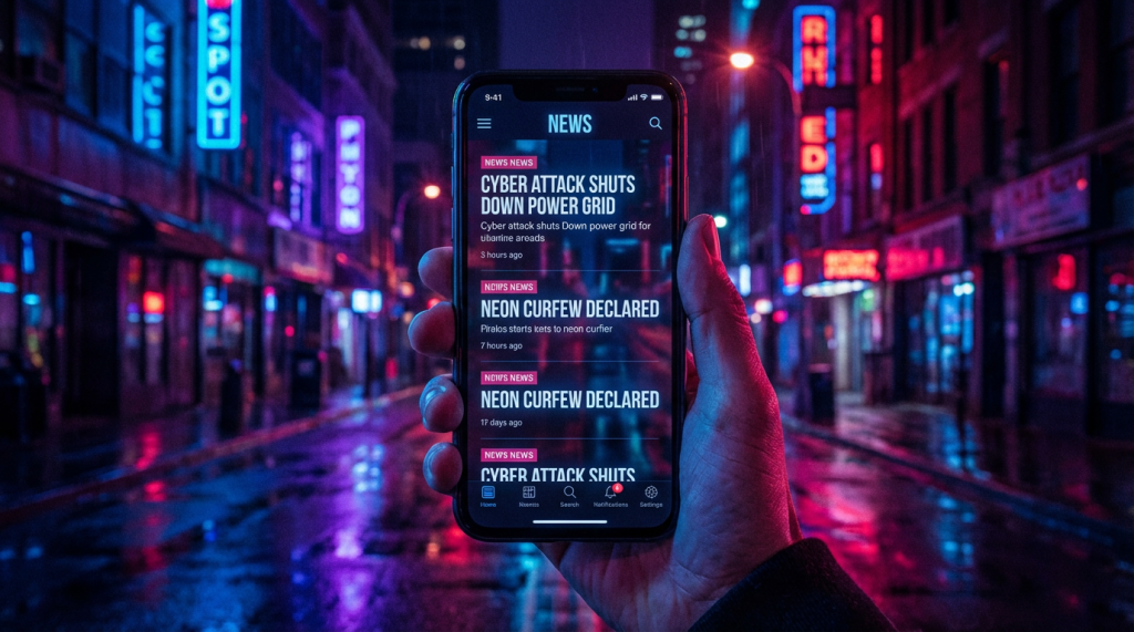 Smartphone screen displaying news headlines 'CYBER ATTACK SHUTS DOWN POWER GRID' and 'NEON CURFEW DECLARED'.