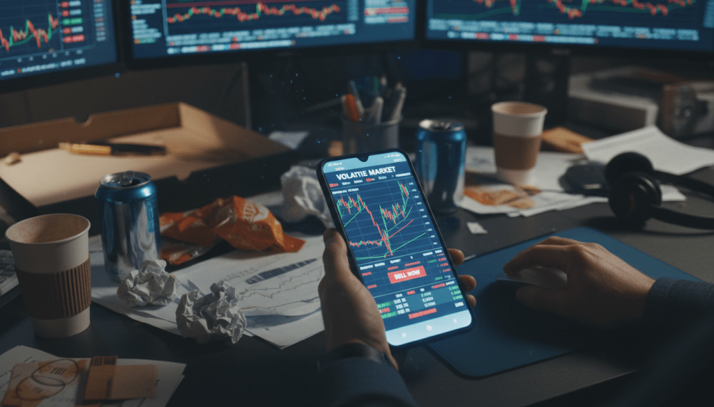 A smartphone displays a volatile stock chart with 'SELL NOW' button amidst a cluttered trading desk.