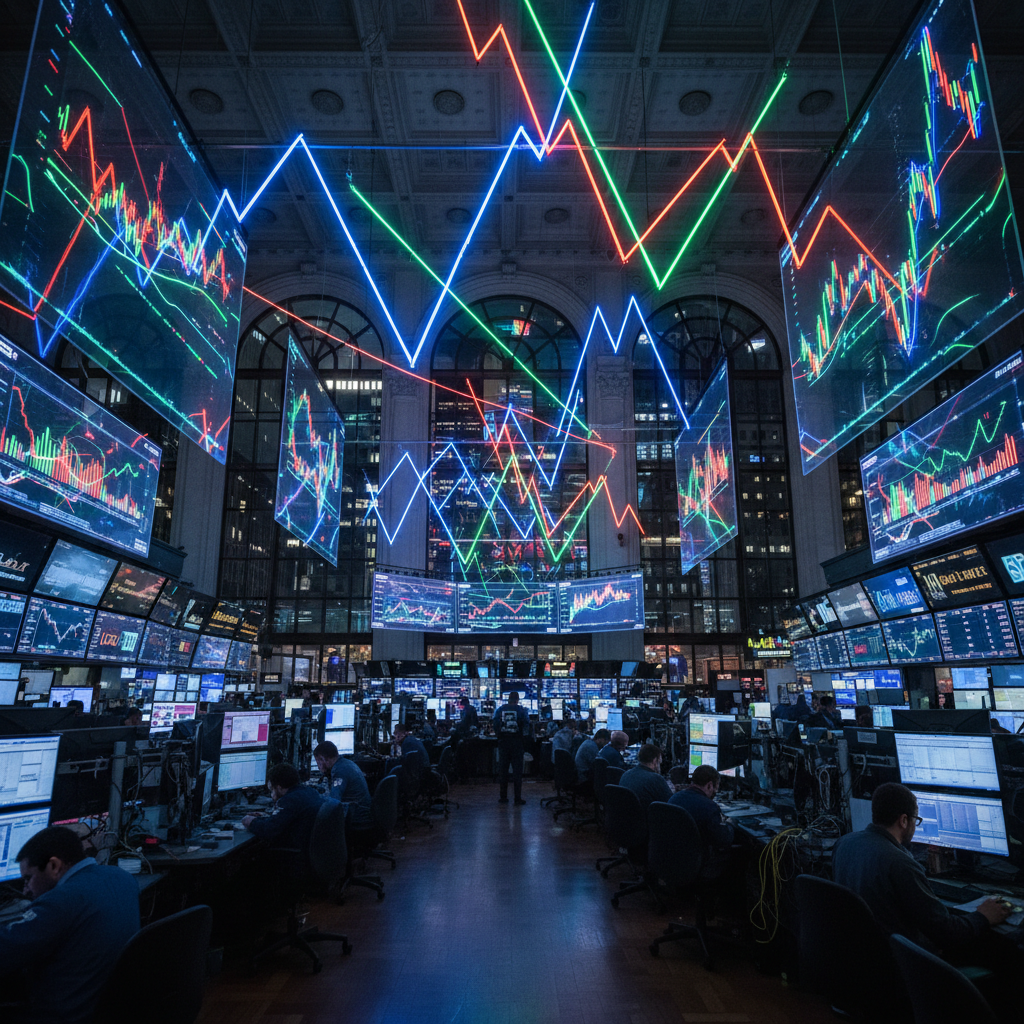 Traders work at computer stations below vibrant, glowing neon stock market trend lines.