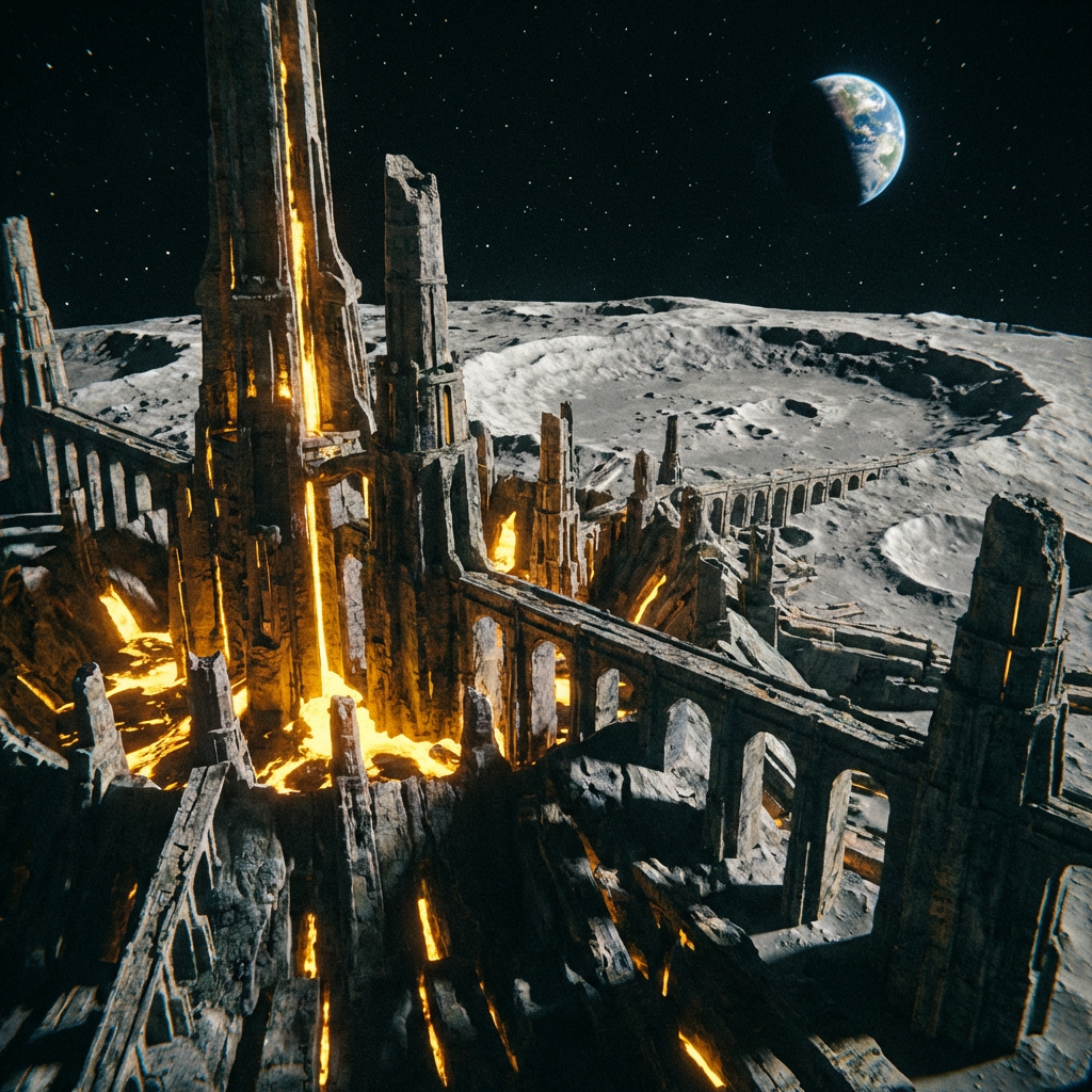 Ancient stone citadel with glowing orange energy on the moon's cratered surface under Earth.