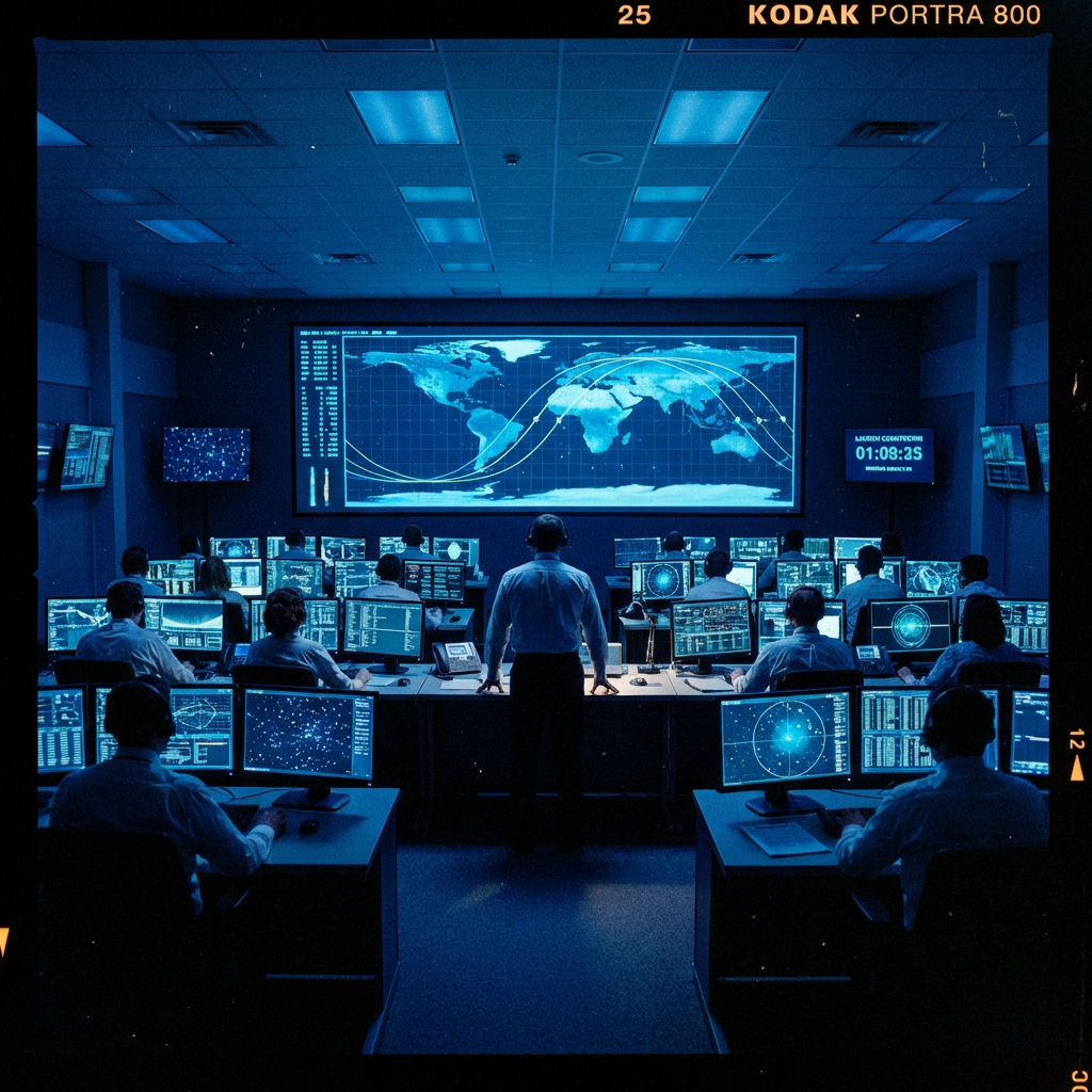 High-tech command center with satellite tracking map and operators at computer workstations.