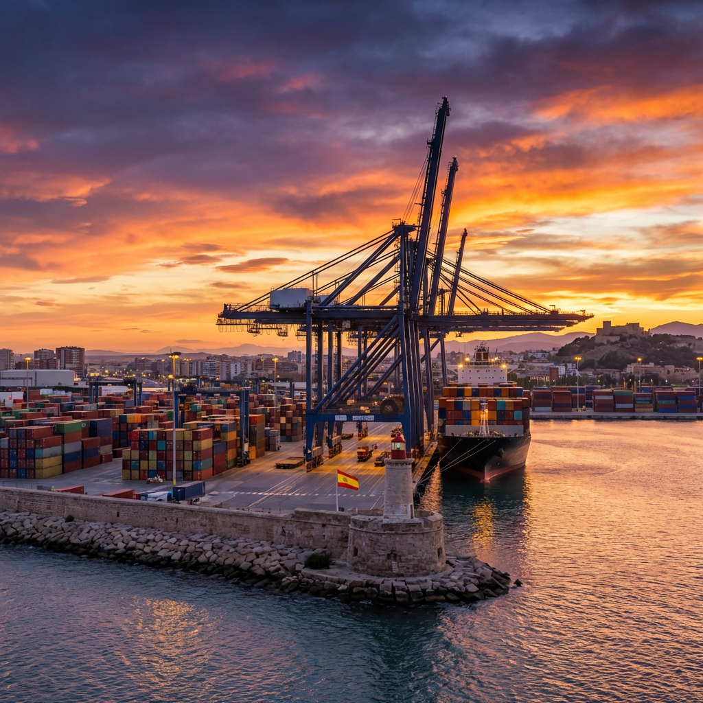A bustling cargo port at sunset with large cranes, container ships, and a small lighthouse.