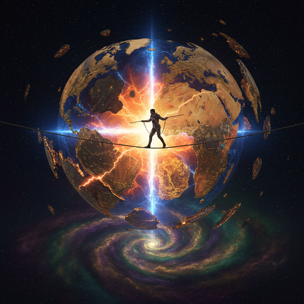 Person walking on tightrope above a fractured, glowing Earth with cosmic background