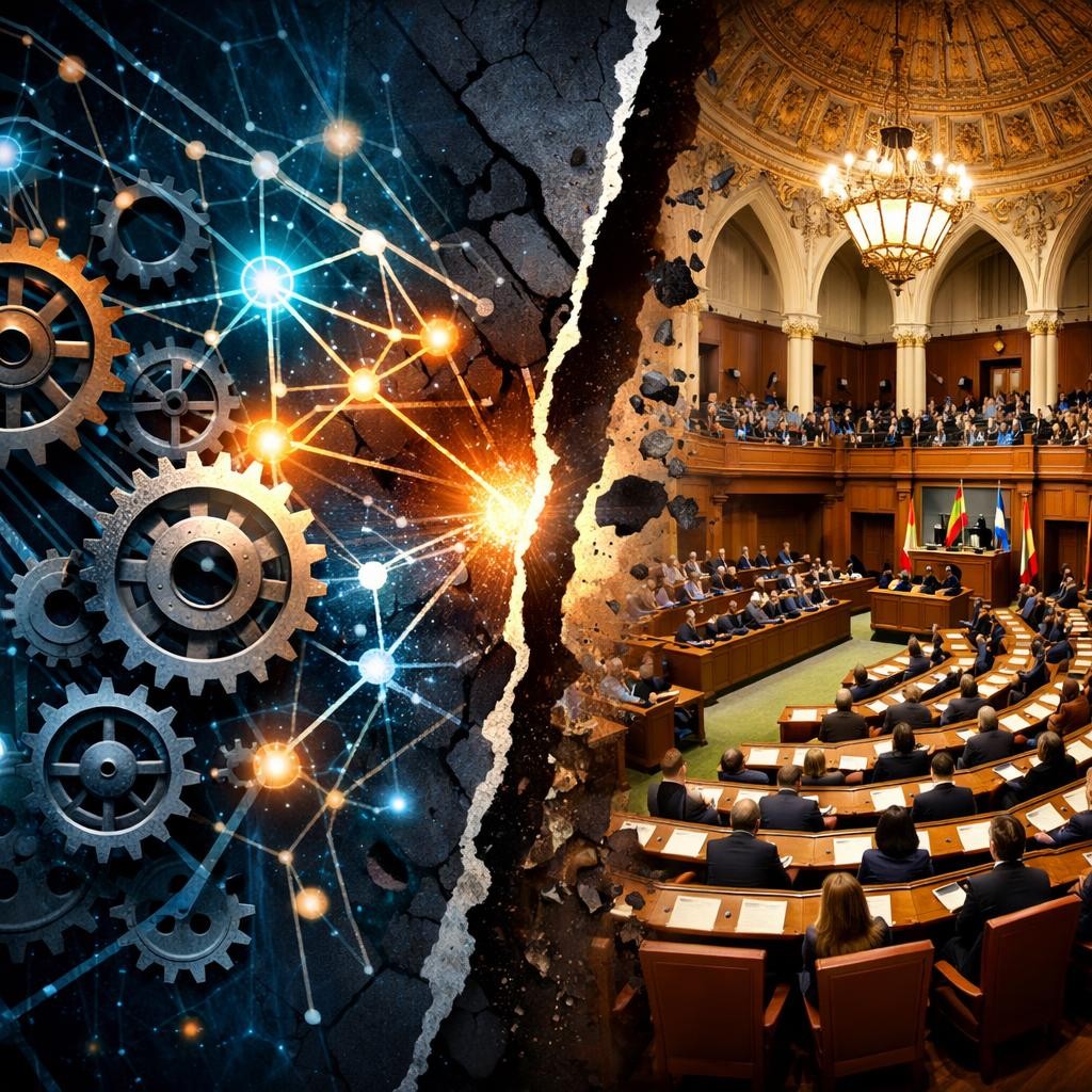 Left half showing interconnected gears and glowing network nodes, right half a formal government chamber filled with seated officials.