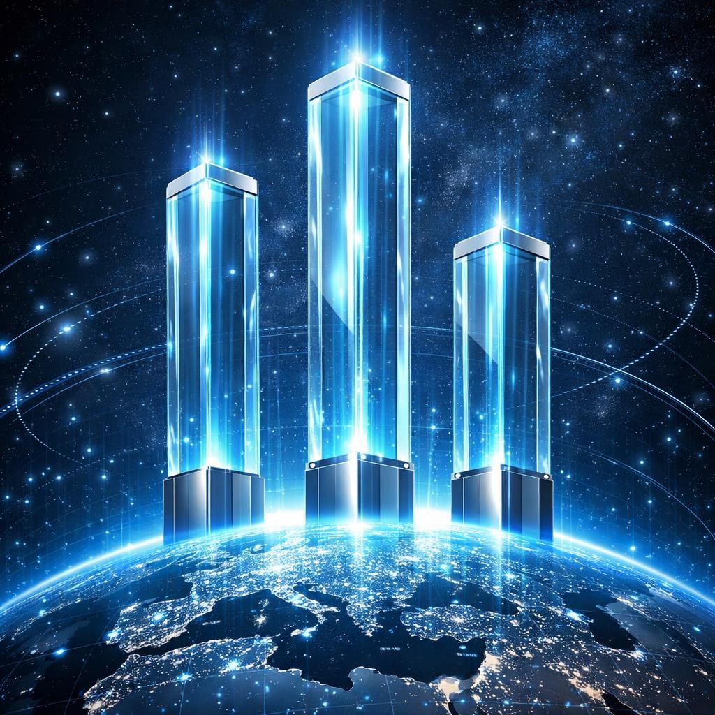 Three luminous, futuristic towers emerging from Earth against a starry space background
