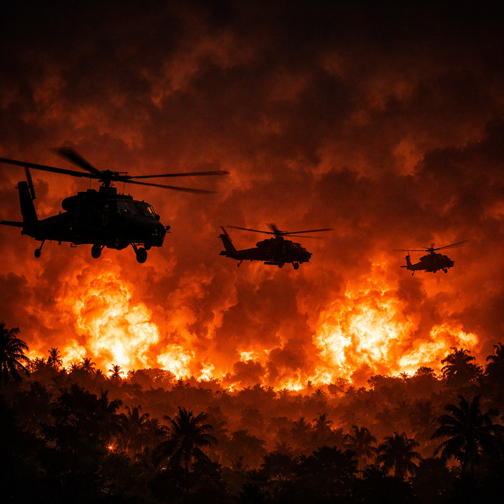 Three military helicopters flying over a forest fire with large flames and smoke