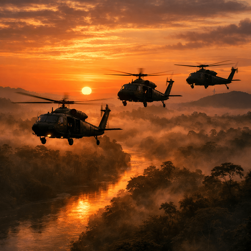 Three military helicopters flying in formation over a river at sunrise with mist and forest below