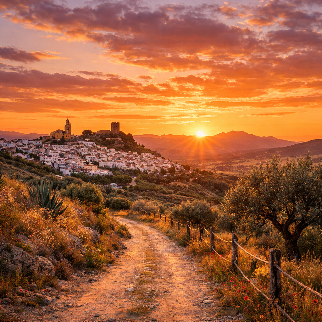 Sunset over a hillside village with white houses, a church, and a castle tower, viewed from a dirt path surrounded by vegetation.