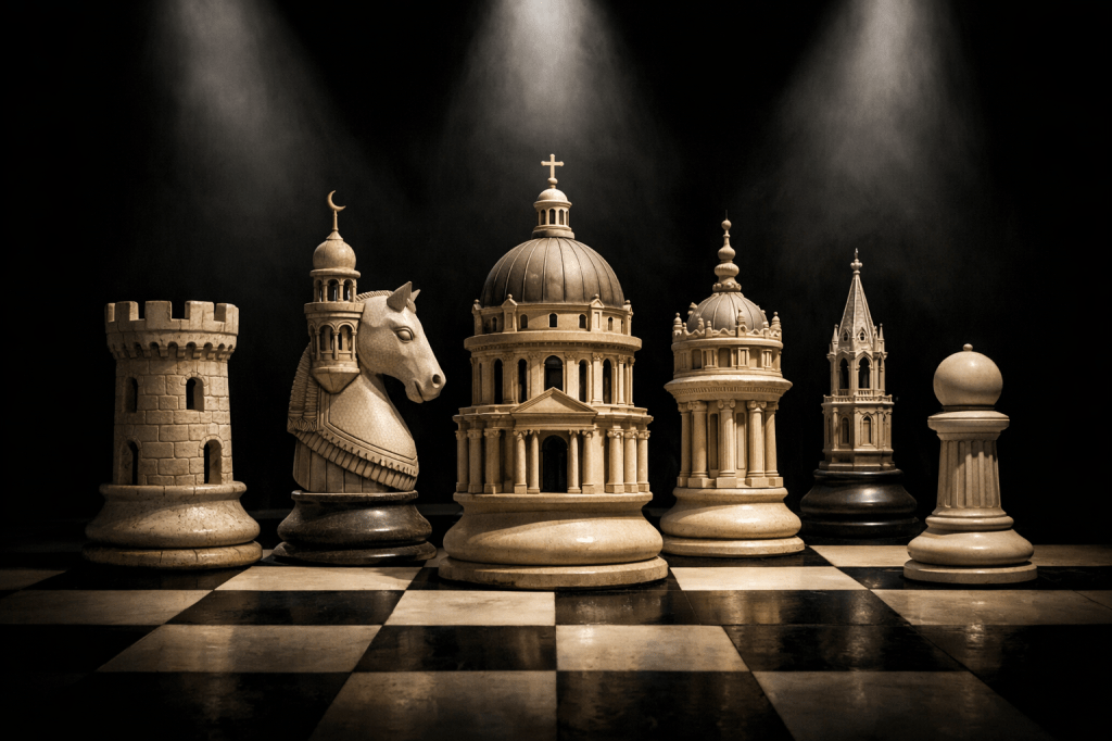Chess pieces resembling detailed architectural buildings on a chessboard with spotlighting