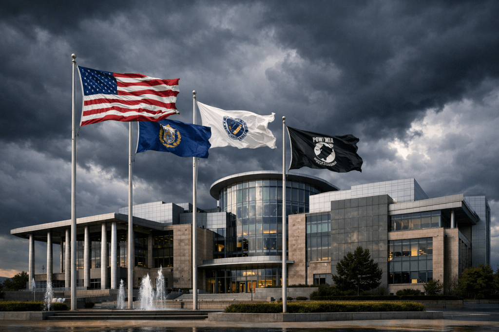 American flag, state and organizational flags flying in front of a government building with dark storm clouds overhead