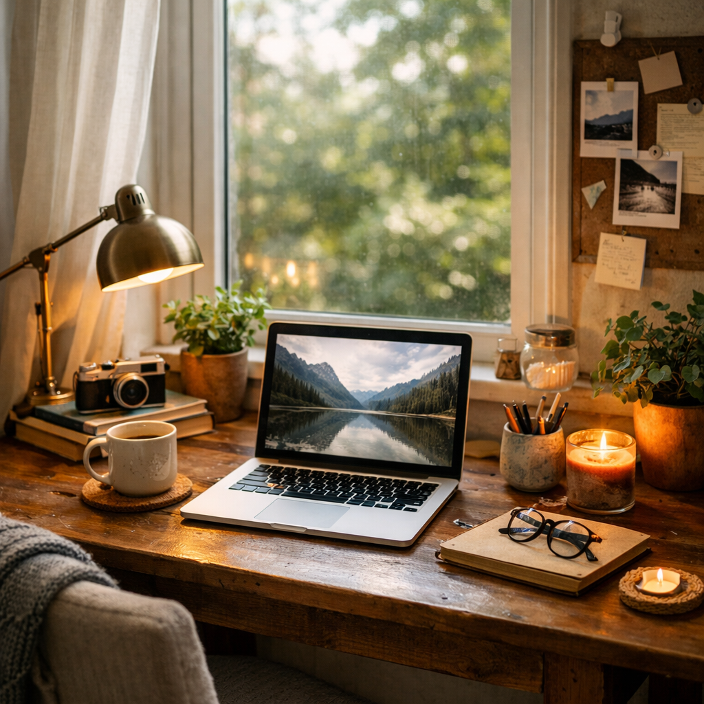 Wooden desk with laptop displaying mountain lake, coffee mug, lamp, plants, candles, and eyeglasses