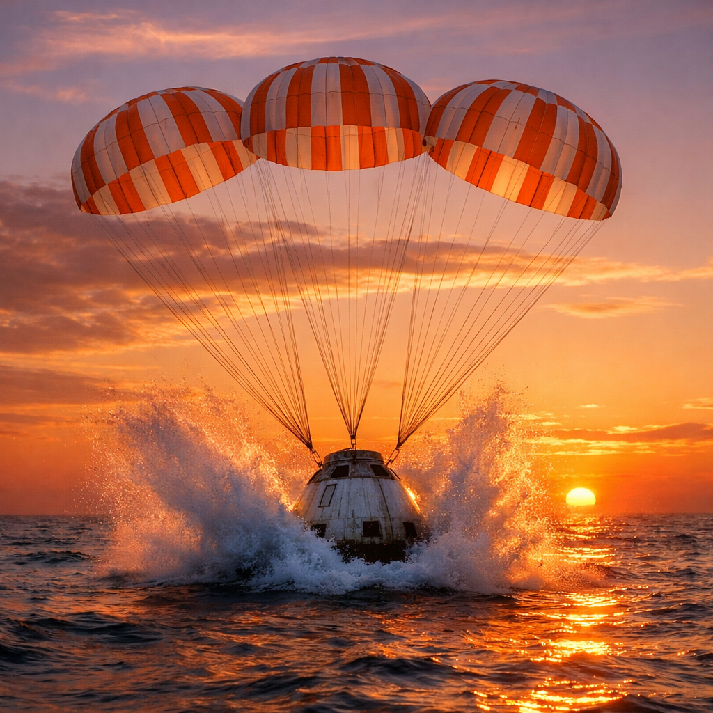 Space capsule landing in ocean with three red and white parachutes deployed at sunset