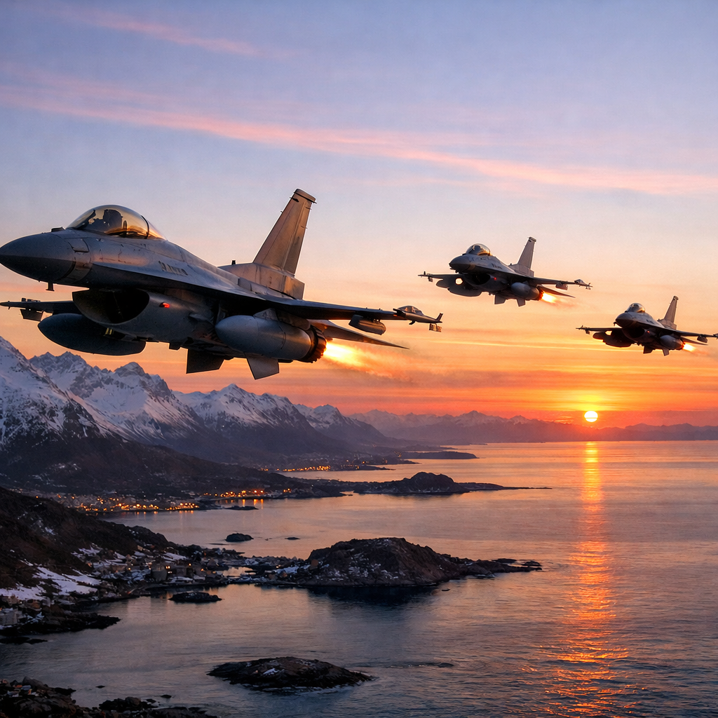 Three F-16 fighter jets flying over a snowy mountainous coastline at sunset with afterburners glowing