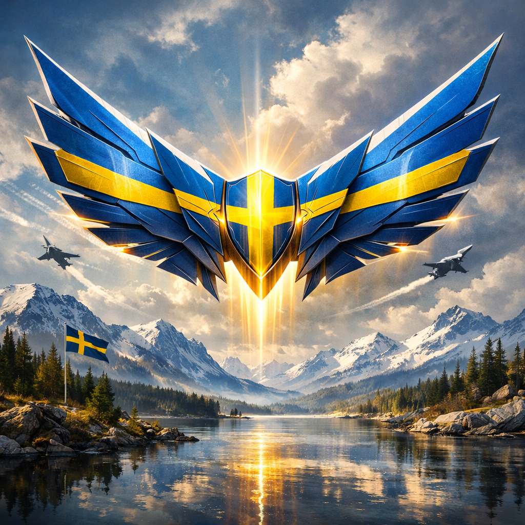 Glowing Swedish emblem with wings above mountain lake and jets