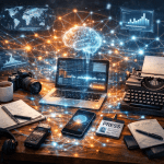 Workspace with laptop, typewriter, camera, smartphone, press badge, notebook, and headphones illustrating AI in journalism