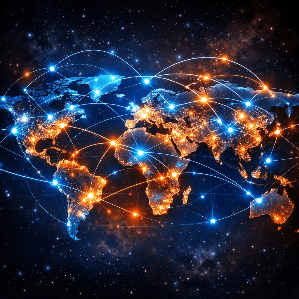 World map with illuminated cities connected by glowing blue and orange lines representing global network