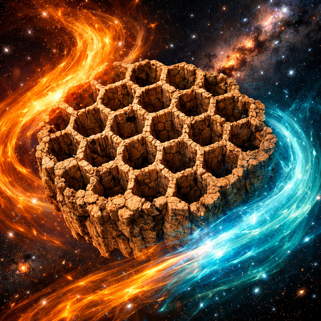 Hexagonal honeycomb structure surrounded by swirling orange and blue cosmic light streams in space
