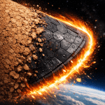 Meteorite with cracked surface heated and glowing with fire entering Earth's atmosphere