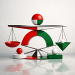 A scale balancing red and green geometric shapes with spheres and chains