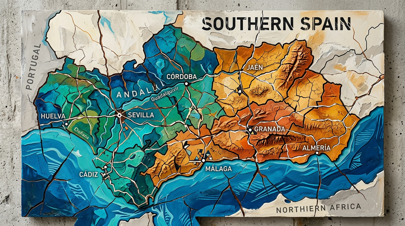 Topographic map of Southern Spain showing cities like Sevilla, Málaga, Granada, and Córdoba, with elevation and water bodies.